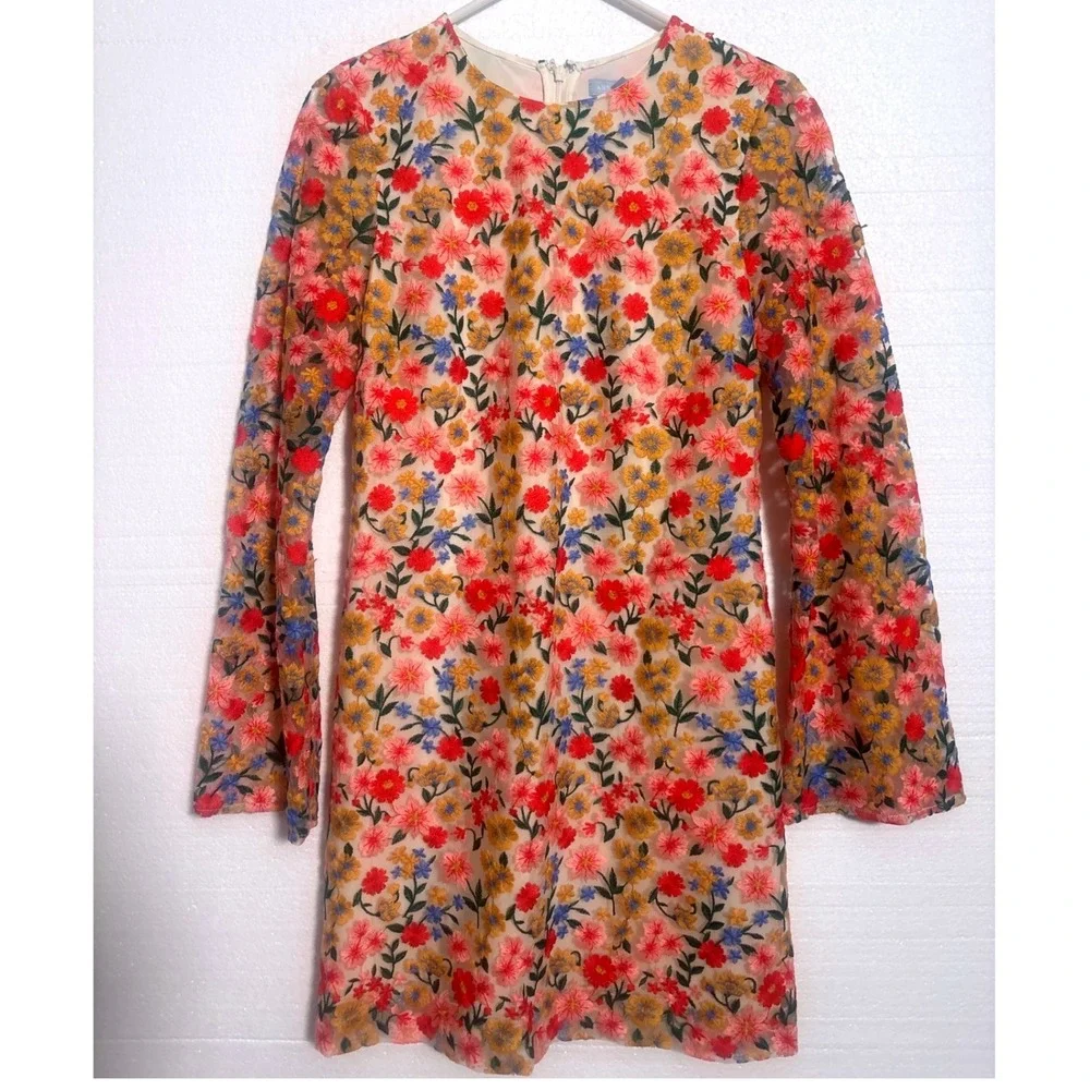 Antonio Melani Nat Note Floral Embroidered Mini Dress Sheer Sleeve Sz 6/S *
